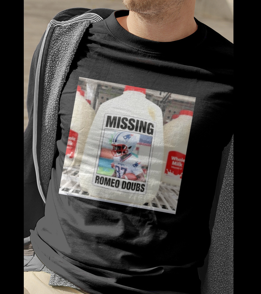 Missing Romeo Doubs Football Milk Carton With Patriots Helmet Image T-Shirt