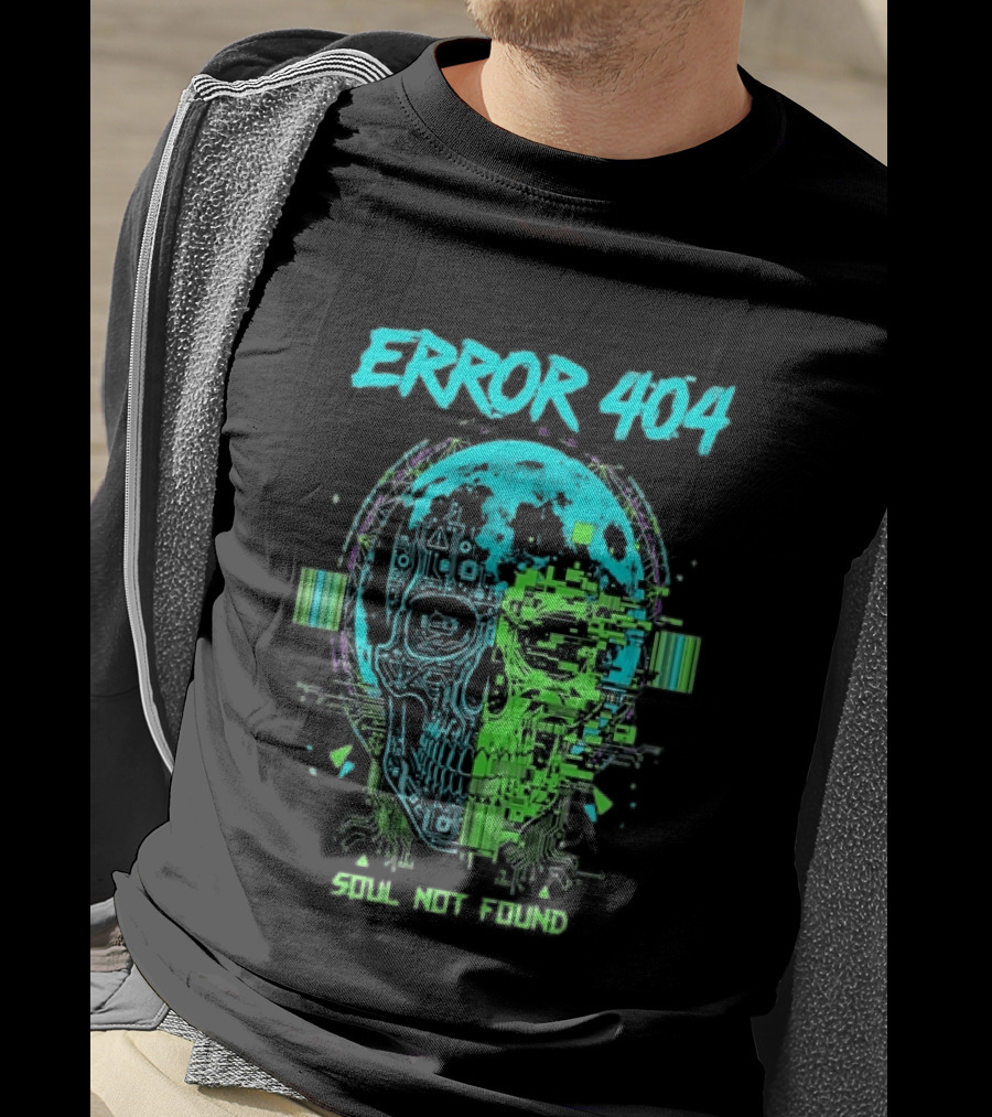 Error 404 Soul Not Found Cyber Skull Glitch Retro Tech Aesthetic T-Shirt