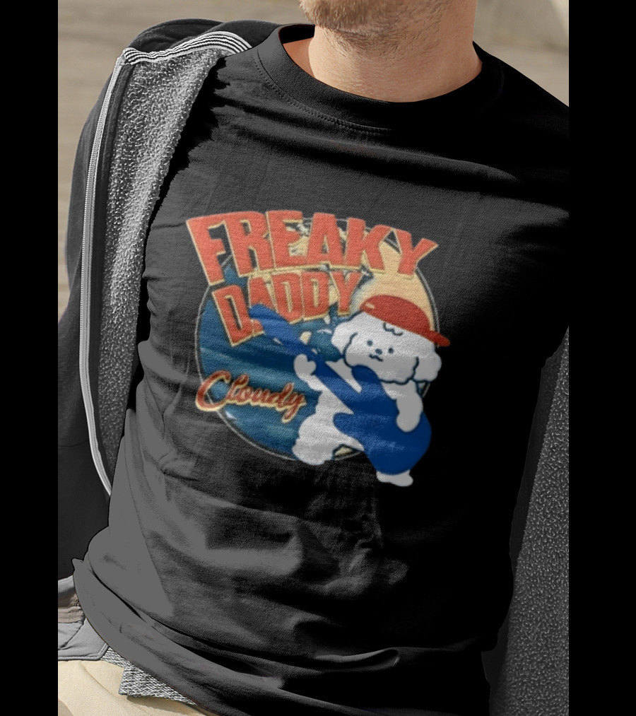 Freaky Daddy Cloudy Cartoon Dog Red Cap Playing Guitar T-Shirt