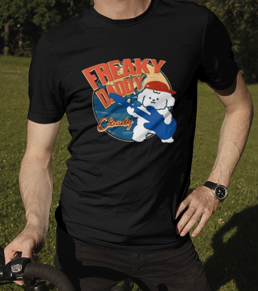 Freaky Daddy Cloudy Cartoon Dog Red Cap Playing Guitar T-Shirt