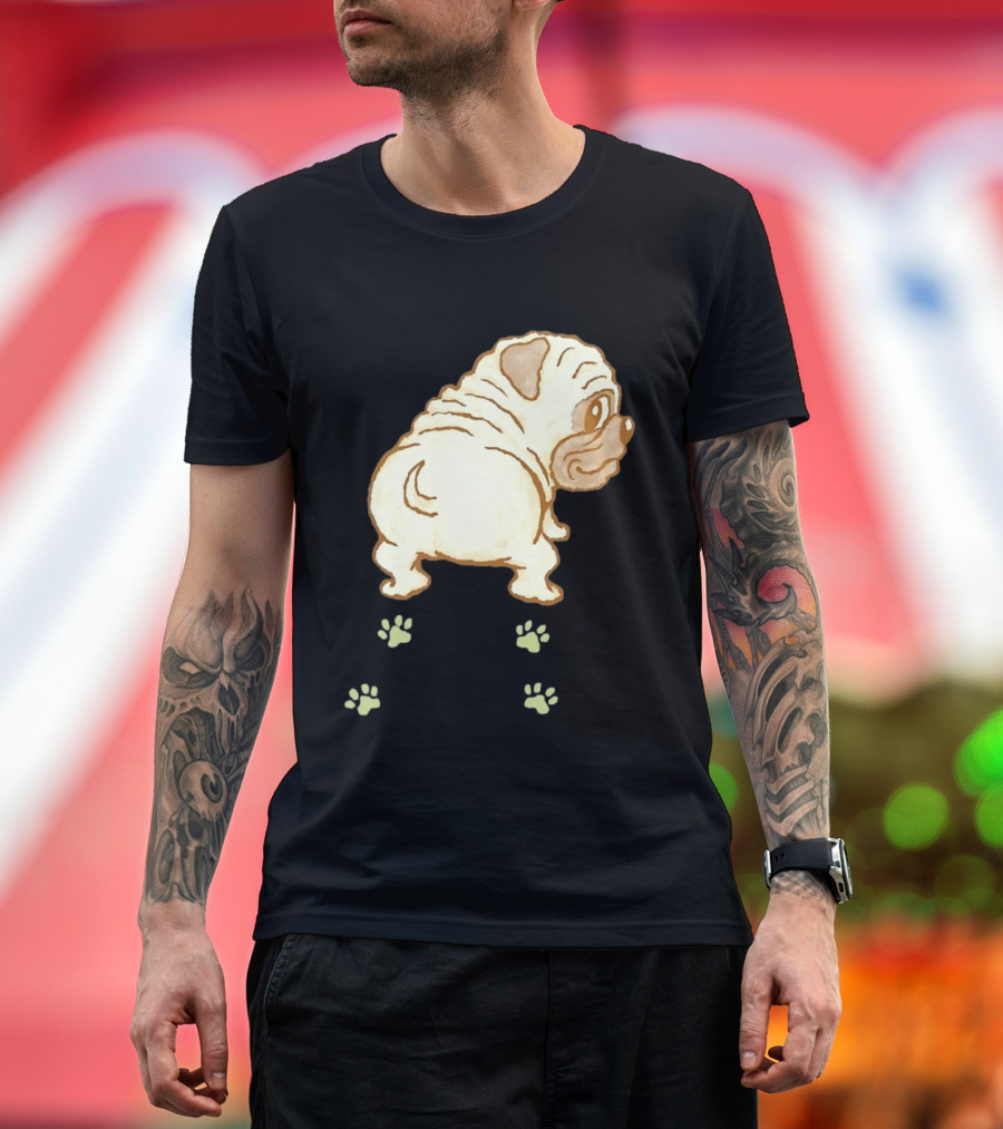Pug Looking Back With Paw Prints Dog Cute Canine T-Shirt