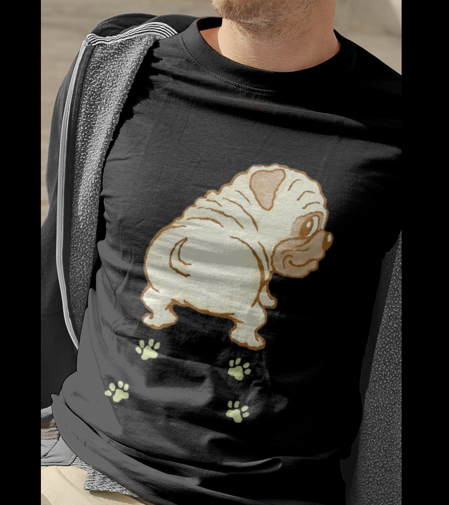 Pug Looking Back With Paw Prints Dog Cute Canine T-Shirt