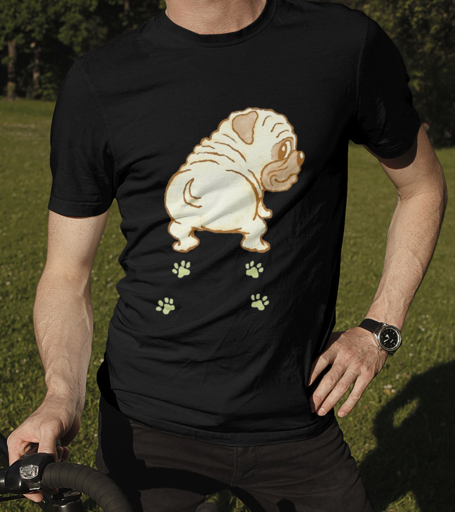 Pug Looking Back With Paw Prints Dog Cute Canine T-Shirt