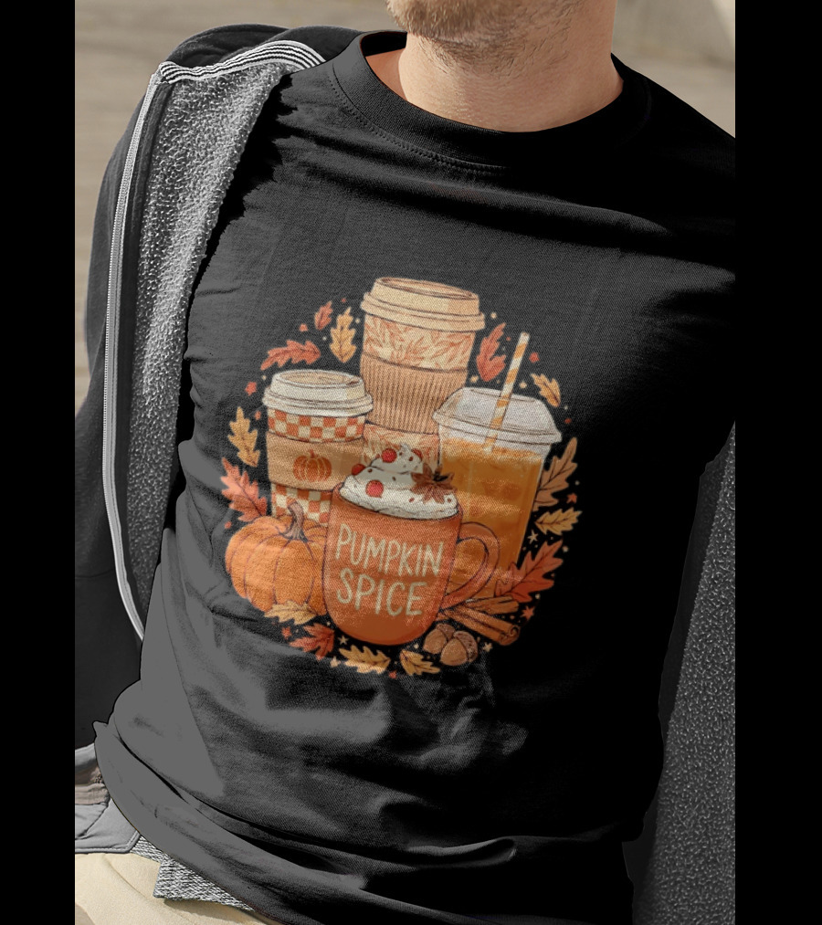 Pumpkin Spice Fall Coffee Drinks Autumn Leaves Acorns Cinnamon Sticks T-Shirt