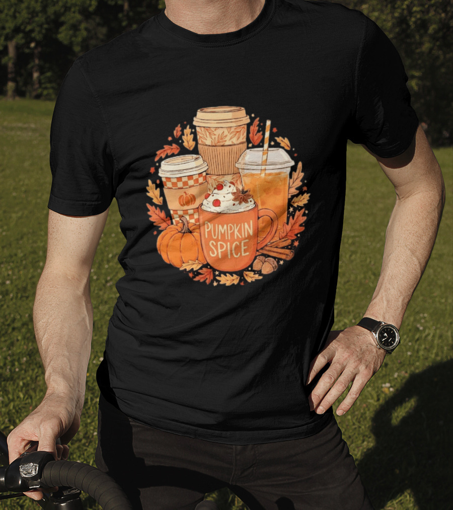 Pumpkin Spice Fall Coffee Drinks Autumn Leaves Acorns Cinnamon Sticks T-Shirt