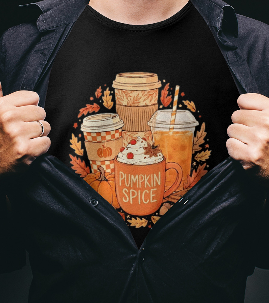 Pumpkin Spice Fall Coffee Drinks Autumn Leaves Acorns Cinnamon Sticks T-Shirt