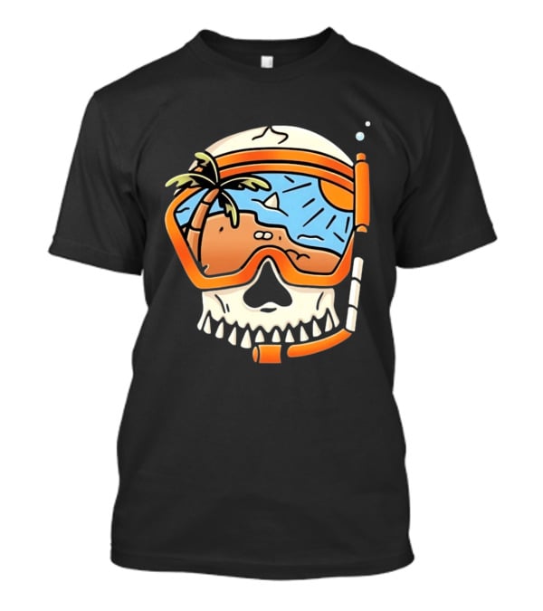 Skull Wearing Snorkel Mask With Tropical Beach Scene Palm Tree Sun T-Shirt