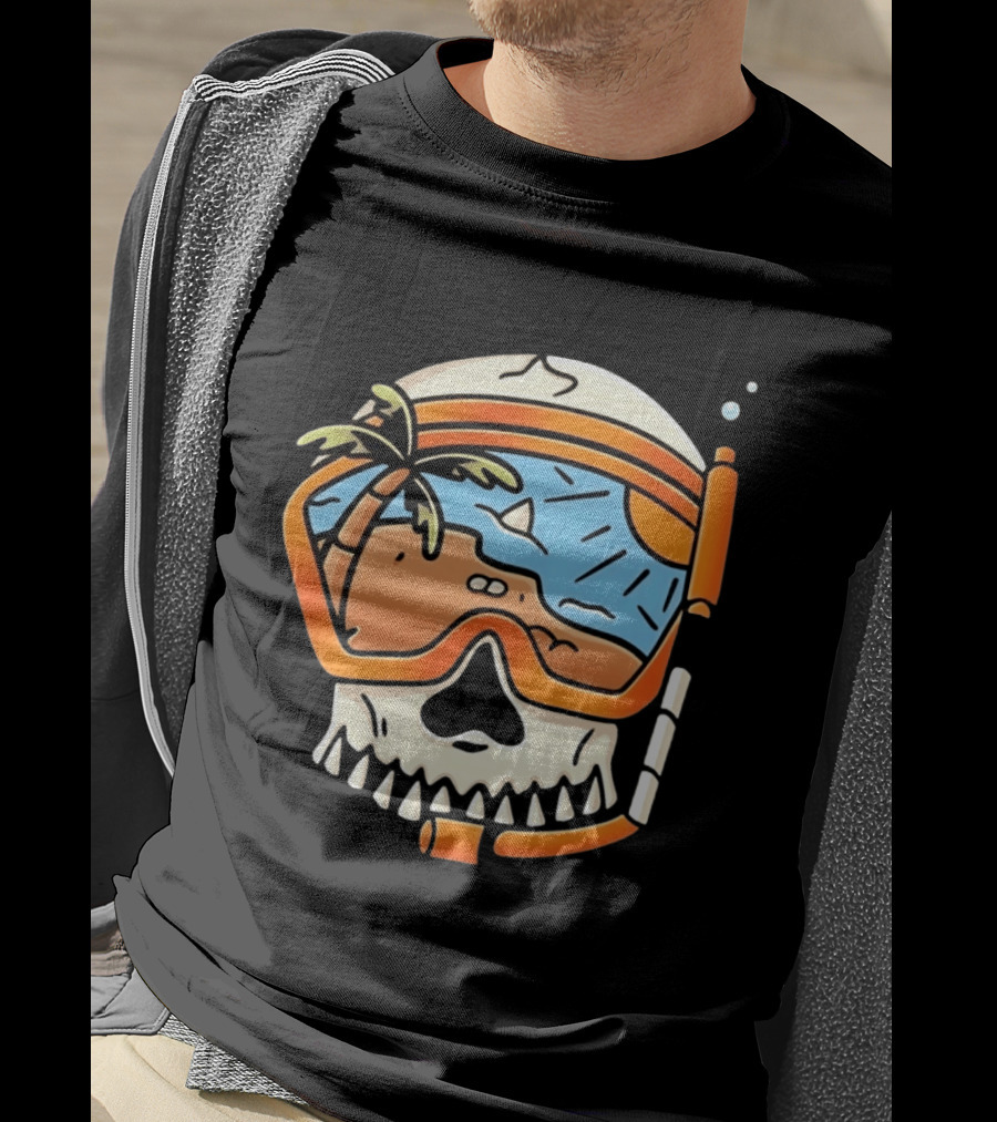 Skull Wearing Snorkel Mask With Tropical Beach Scene Palm Tree Sun T-Shirt