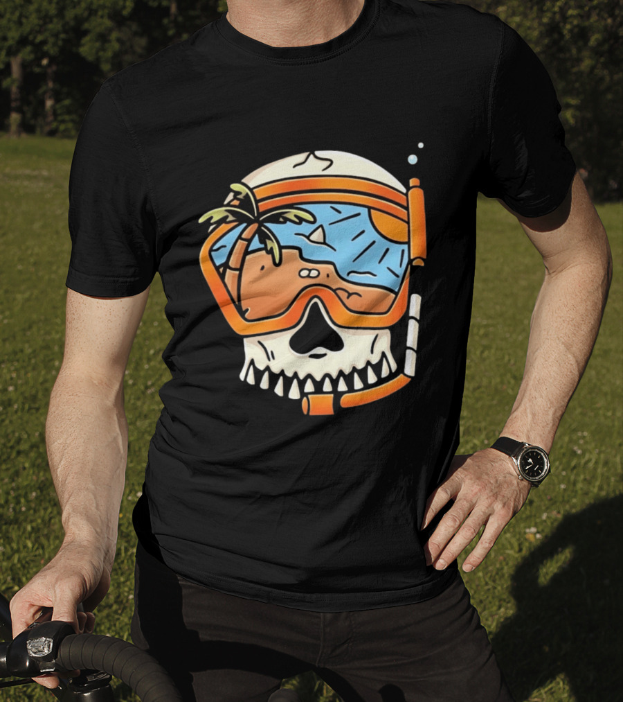 Skull Wearing Snorkel Mask With Tropical Beach Scene Palm Tree Sun T-Shirt