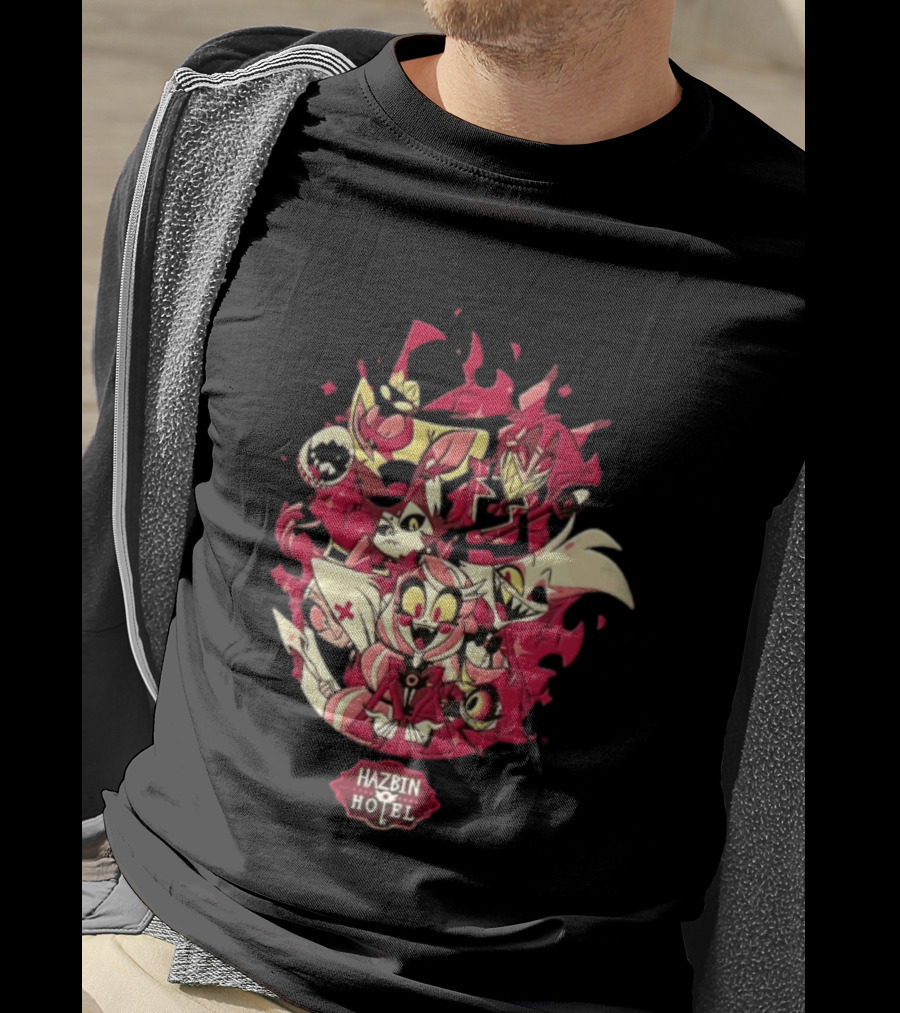 Hazbin Hotel Demon Characters Group Red Sparkles Cartoon Alastor Angel Dust Charlie Vaggie T-Shirt
