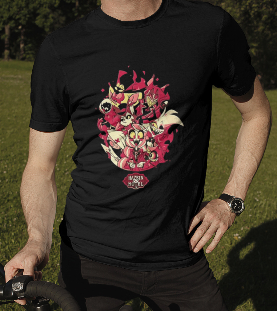 Hazbin Hotel Demon Characters Group Red Sparkles Cartoon Alastor Angel Dust Charlie Vaggie T-Shirt