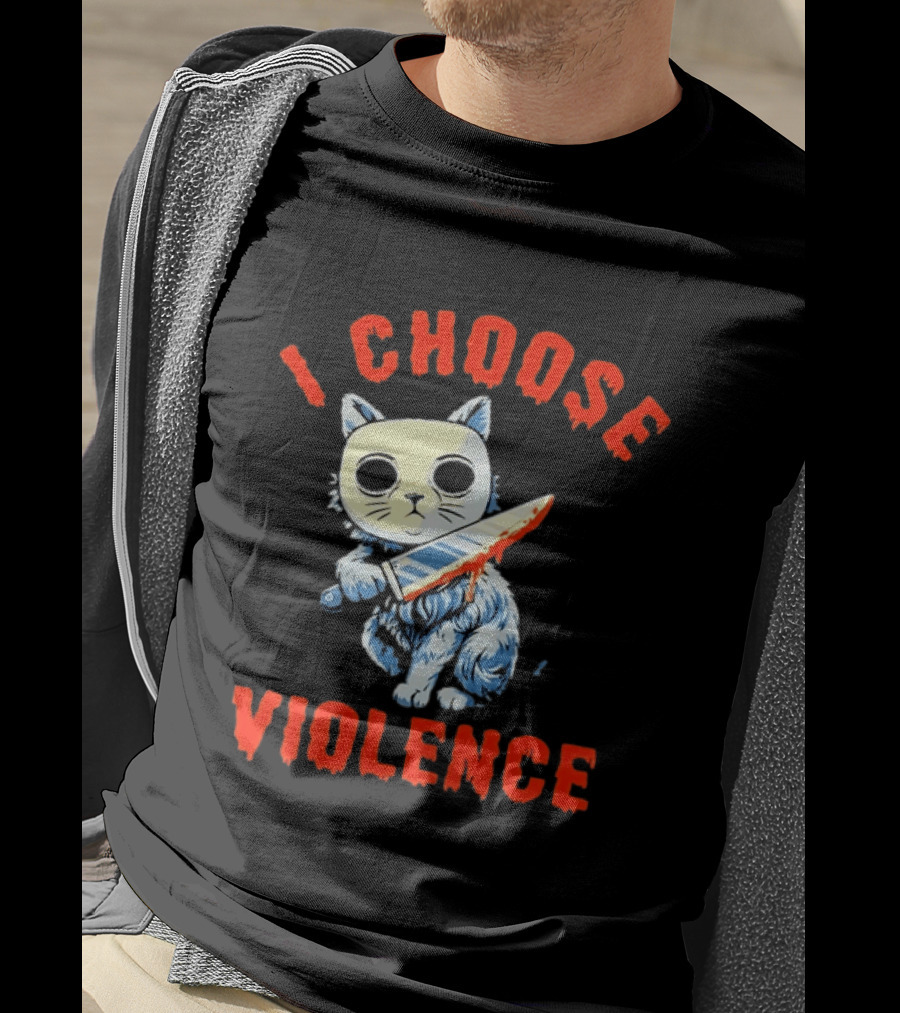 I Choose Violence Cat With Knife Horror Creepy Mask T-Shirt