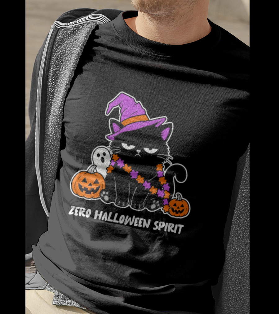 Zero Halloween Spirit Grumpy Black Cat With Pumpkin Ghost And Hat T-Shirt