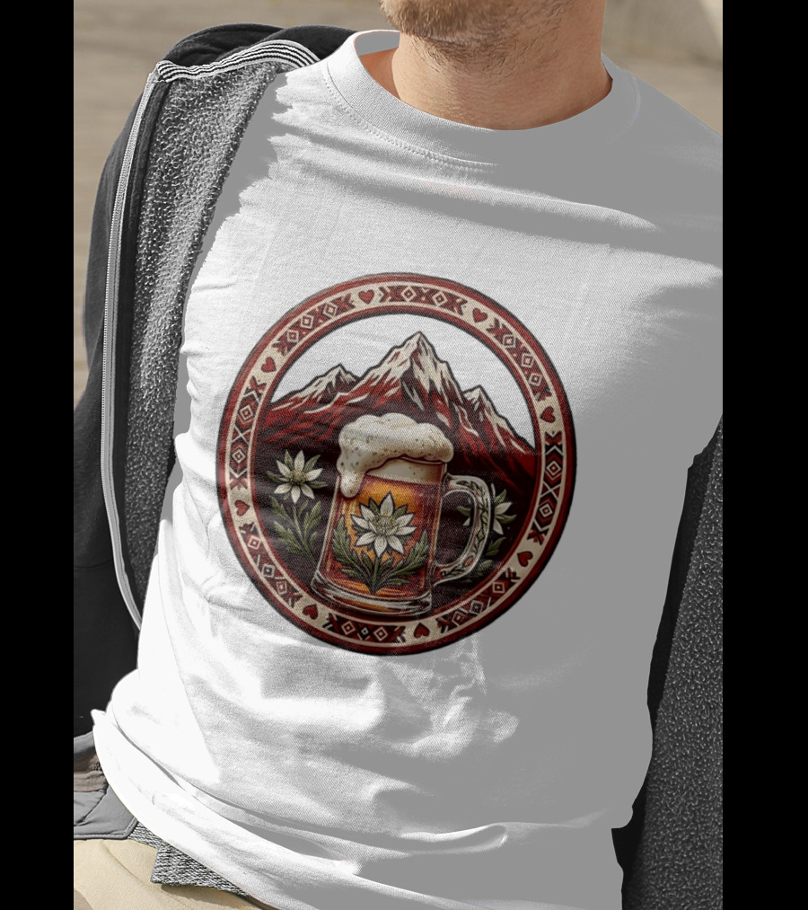 Alpine Beer Edelweiss Mountain Peaks Bavarian Heart Border T-Shirt