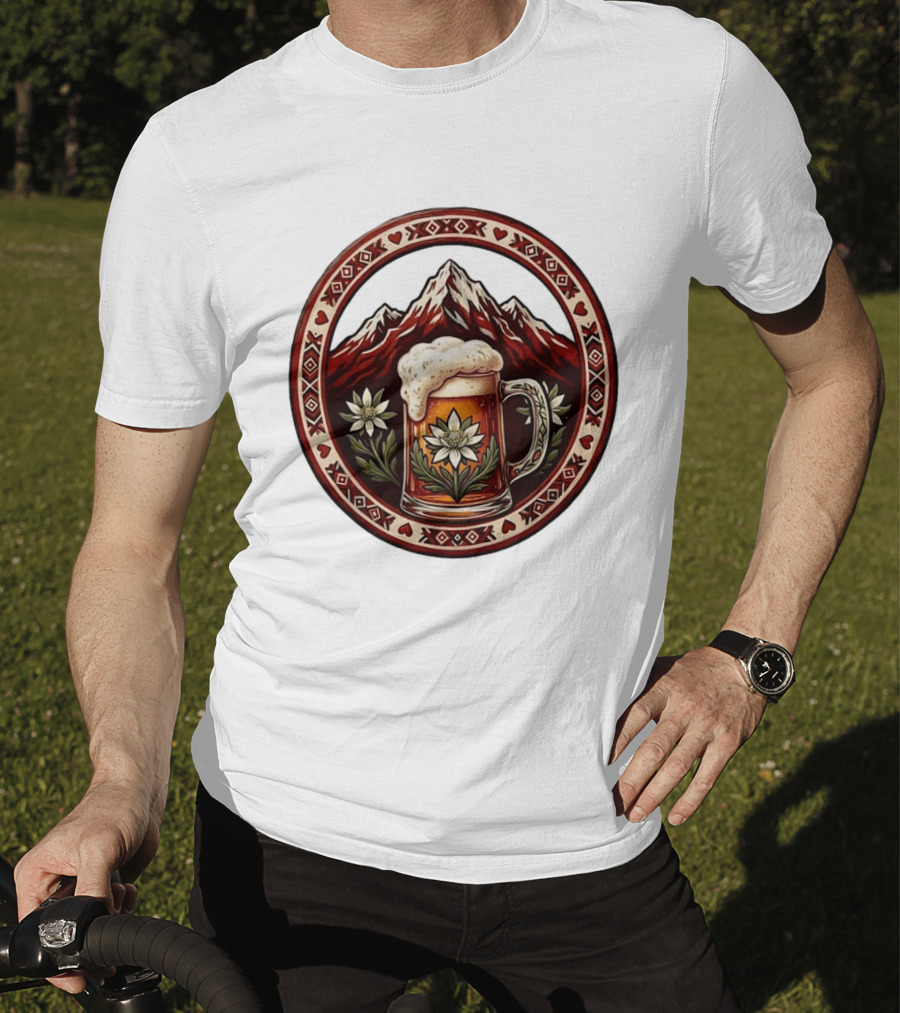 Alpine Beer Edelweiss Mountain Peaks Bavarian Heart Border T-Shirt