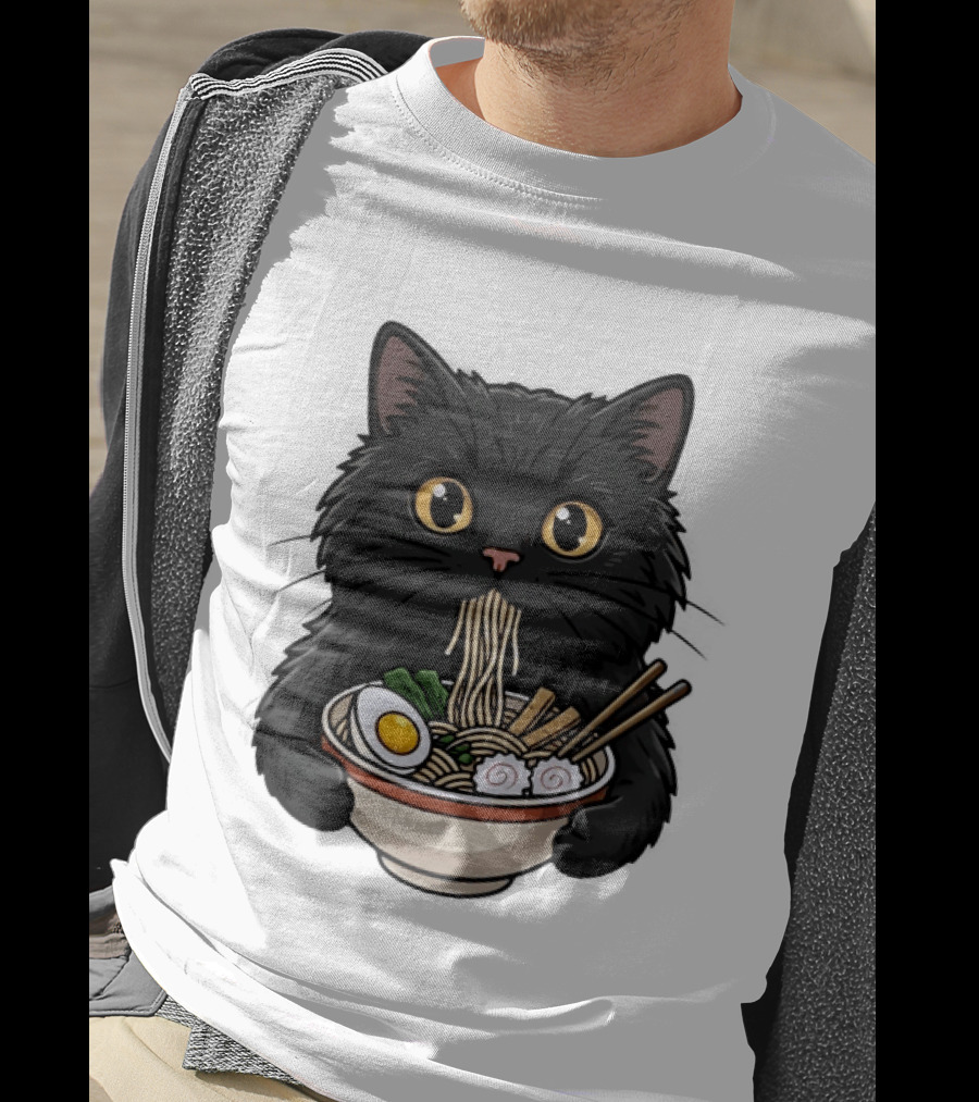 Black Cat Enjoying Ramen Noodles Anime T-Shirt