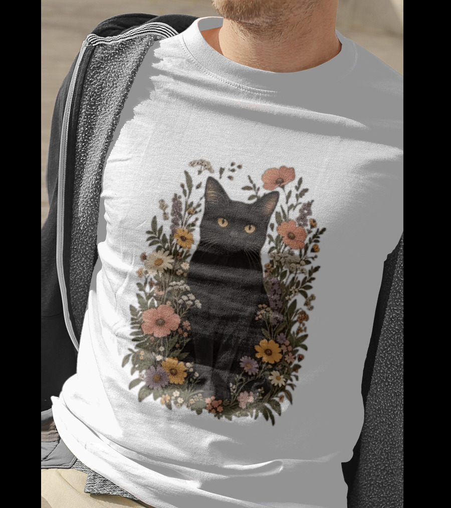 Black Cat In Blooming Garden Of Wildflowers T-Shirt
