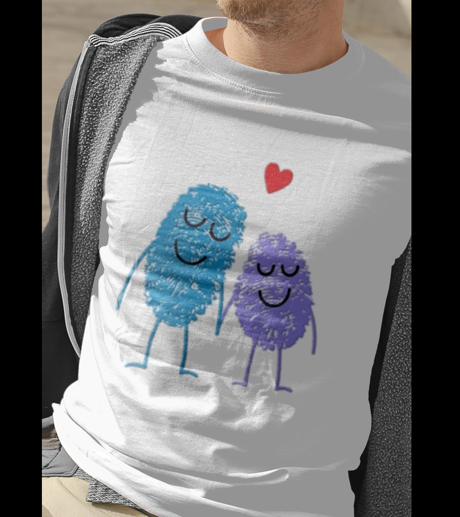 Blue Purple Fingerprint Characters Holding Hands Red Heart Cartoon T-Shirt