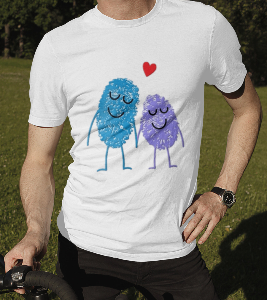 Blue Purple Fingerprint Characters Holding Hands Red Heart Cartoon T-Shirt