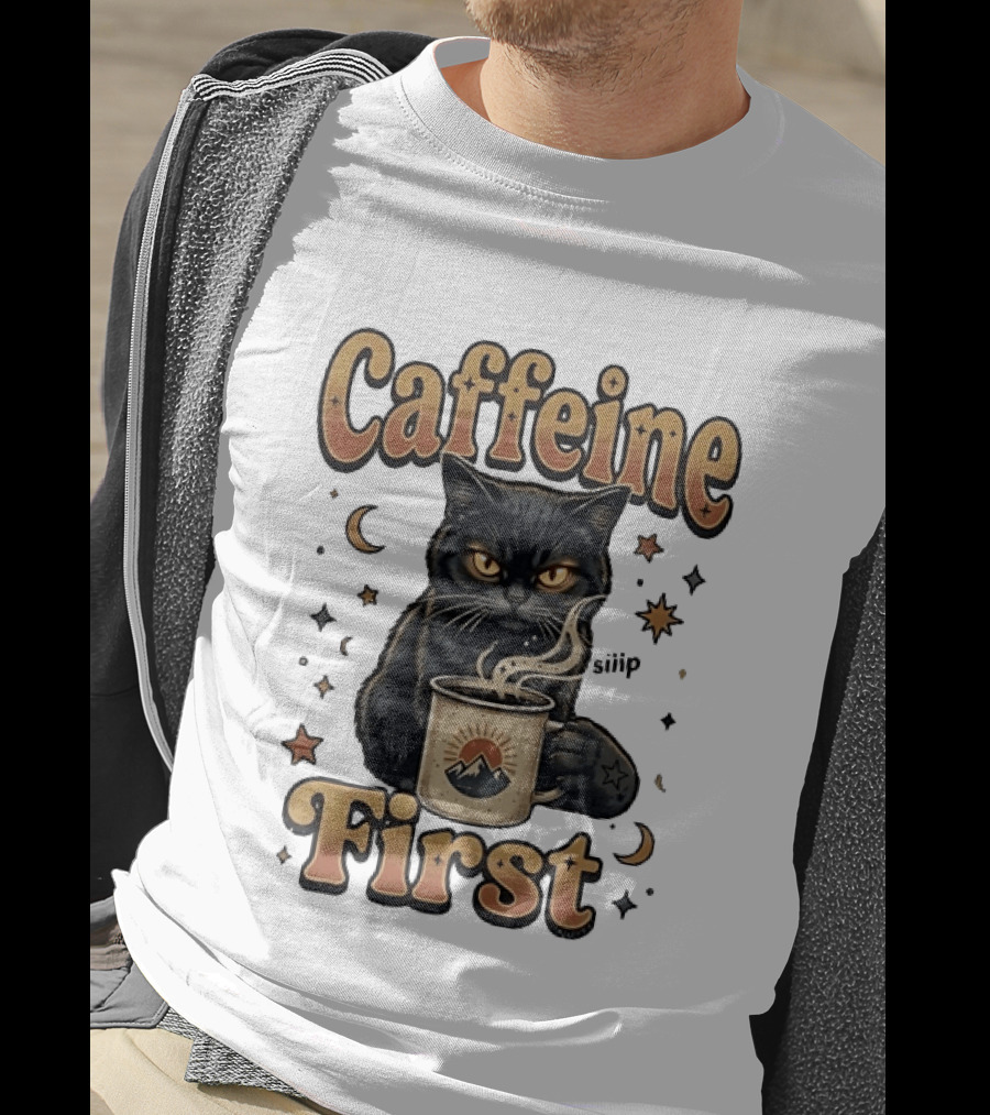 Caffeine First Cat With Coffee Moon Stars T-Shirt