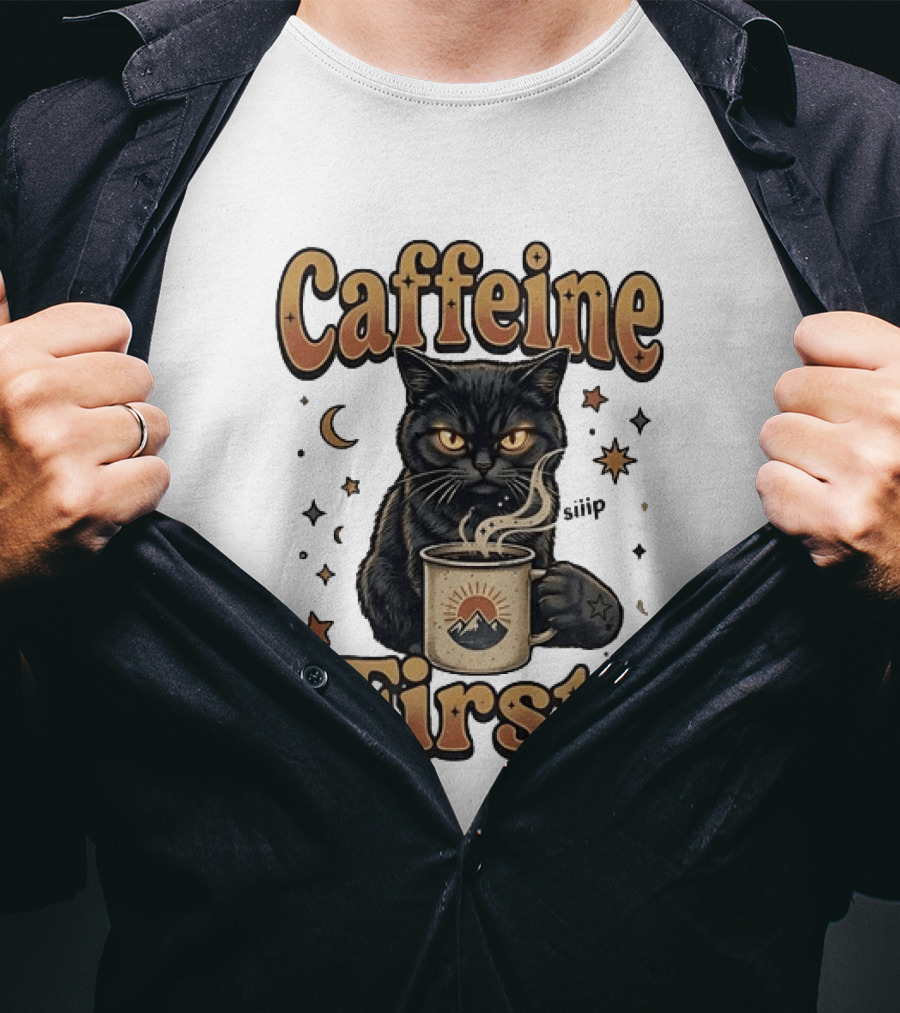 Caffeine First Cat With Coffee Moon Stars T-Shirt