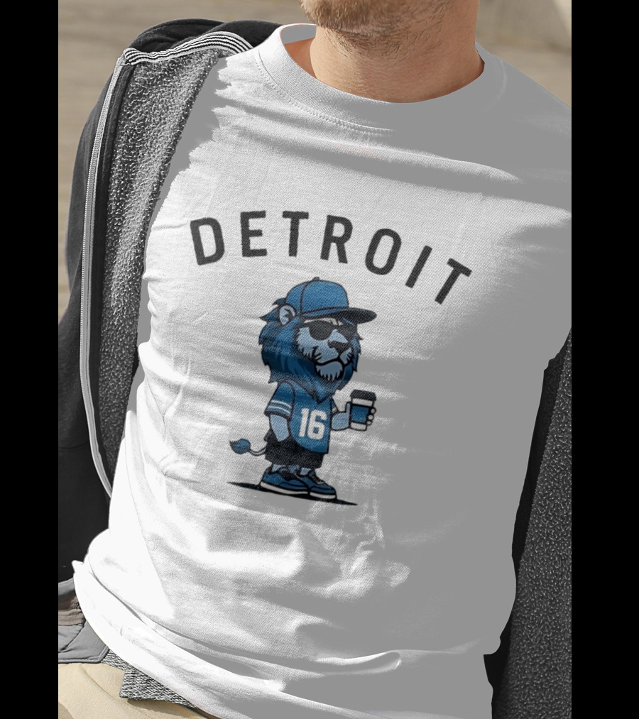 Detroit Lions Lion Mascot Jersey 16 With Coffee T-Shirt