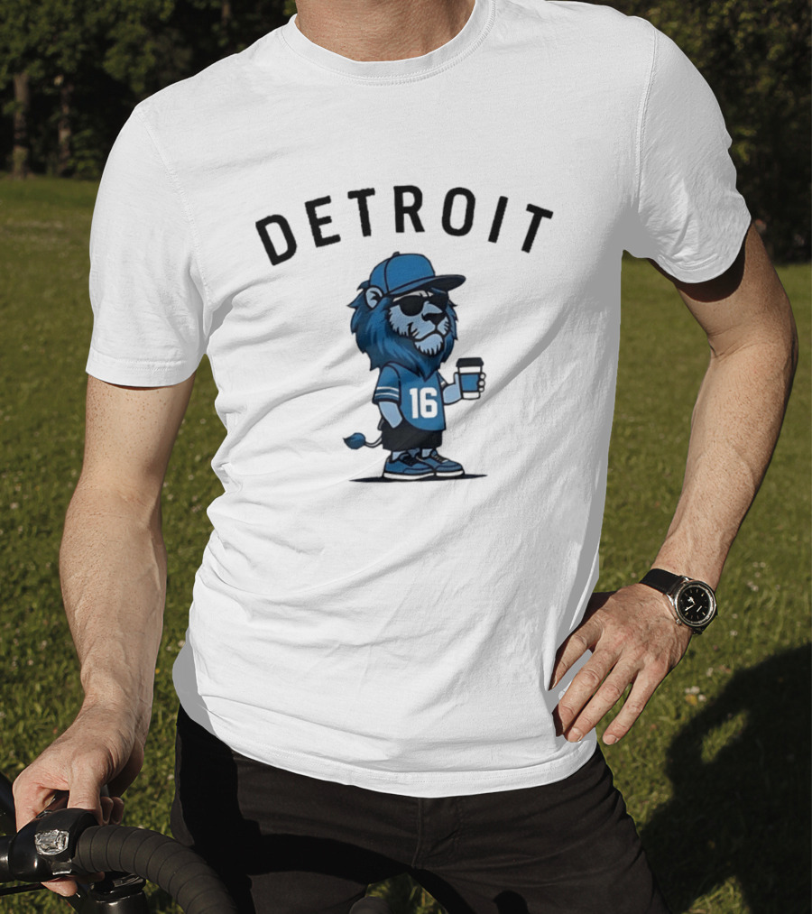 Detroit Lions Lion Mascot Jersey 16 With Coffee T-Shirt