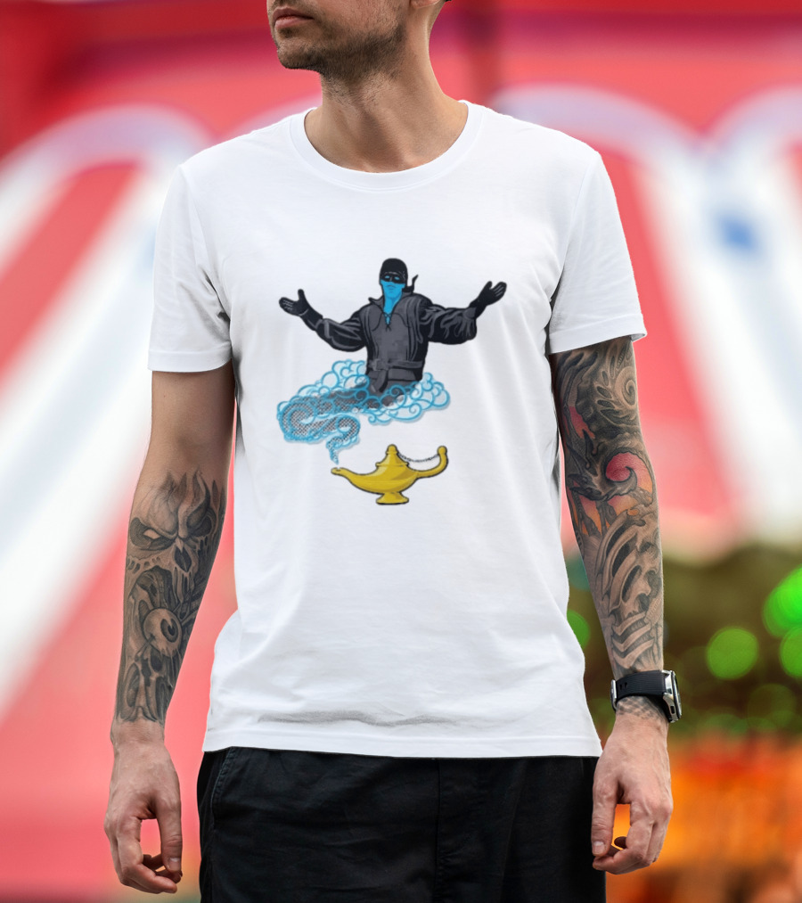 Dread Pirate Roberts Genie Man In Black With Golden Magic Lamp Halftone Cartoon T-Shirt