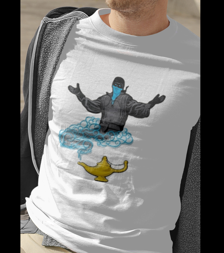 Dread Pirate Roberts Genie Man In Black With Golden Magic Lamp Halftone Cartoon T-Shirt