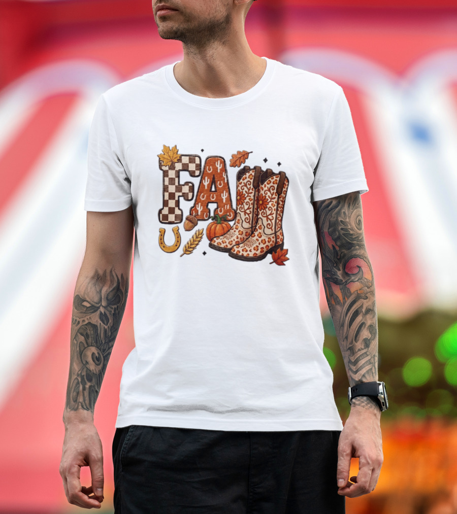Fall Western Cowboy Boots Pumpkin Horseshoe Wheat Harvest Season T-Shirt