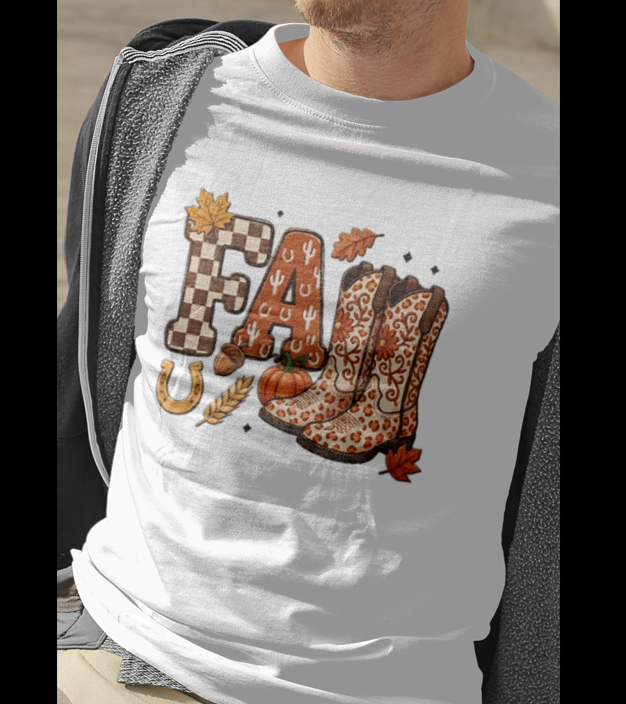 Fall Western Cowboy Boots Pumpkin Horseshoe Wheat Harvest Season T-Shirt