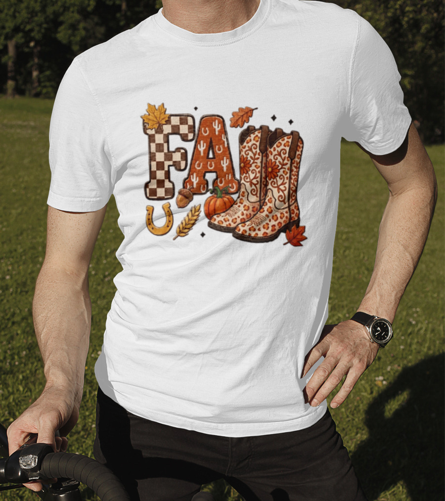 Fall Western Cowboy Boots Pumpkin Horseshoe Wheat Harvest Season T-Shirt
