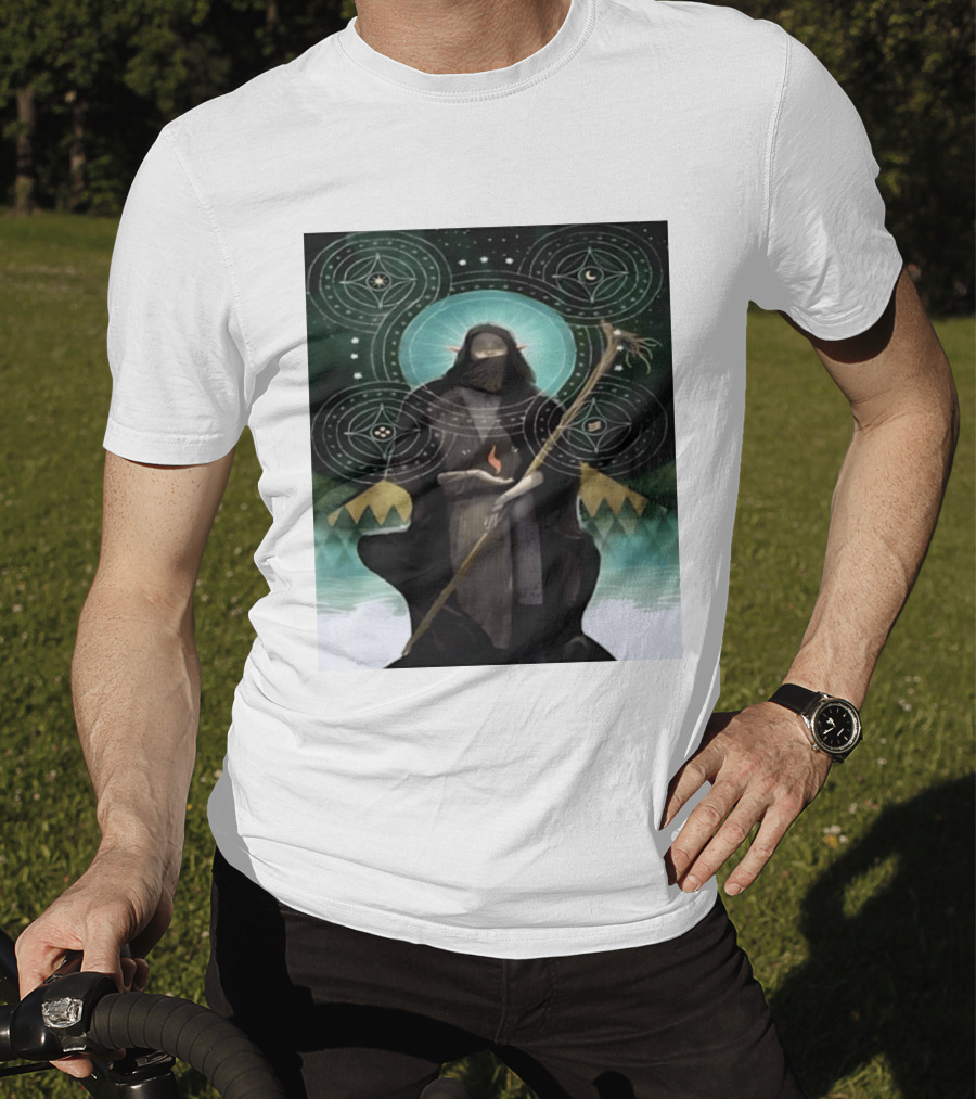 Mystical Elf Mage Staff Elemental Magic Symbols Enchanted Circles T-Shirt
