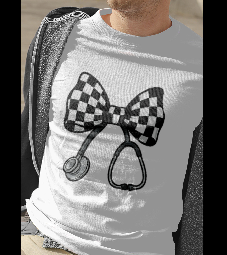 Checkered Bow Stethoscope Medical Nurse T-Shirt
