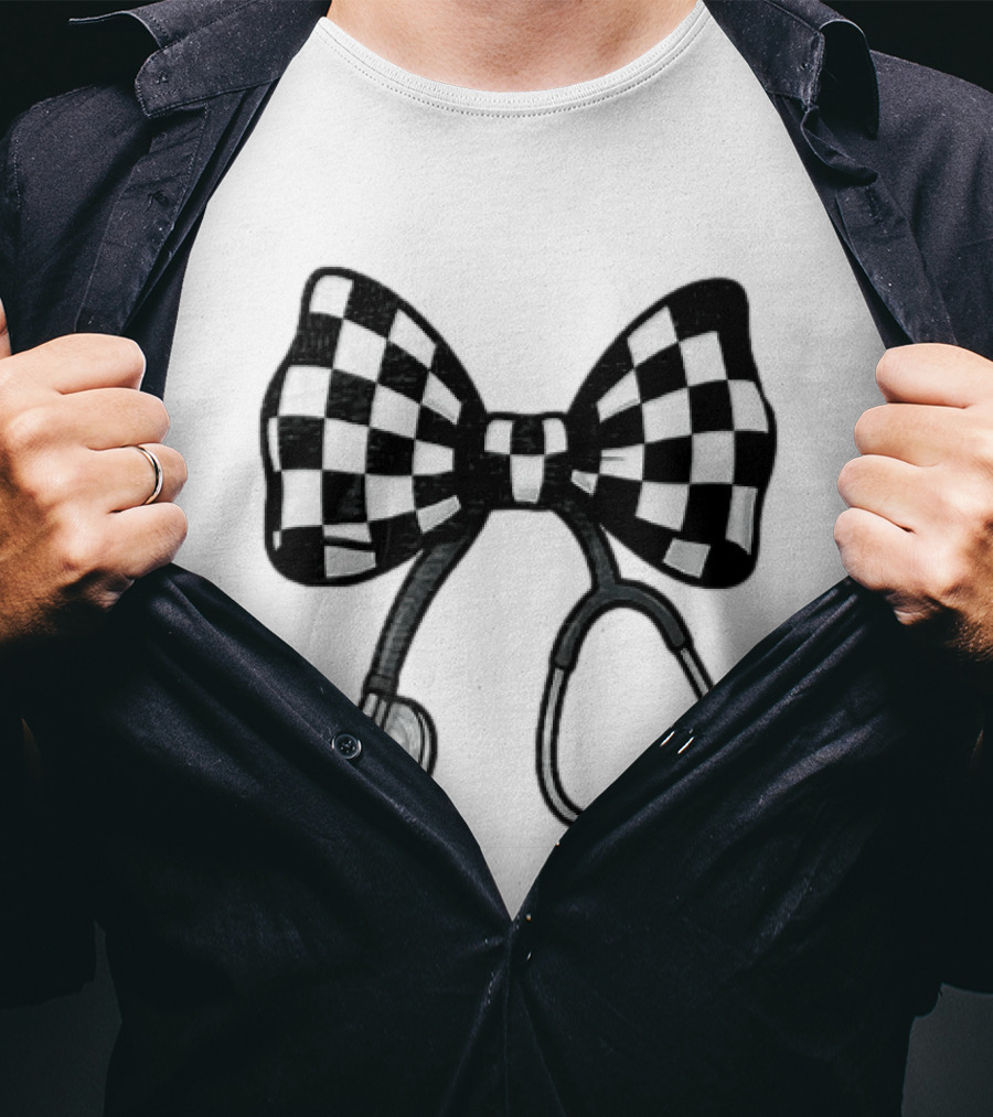 Checkered Bow Stethoscope Medical Nurse T-Shirt