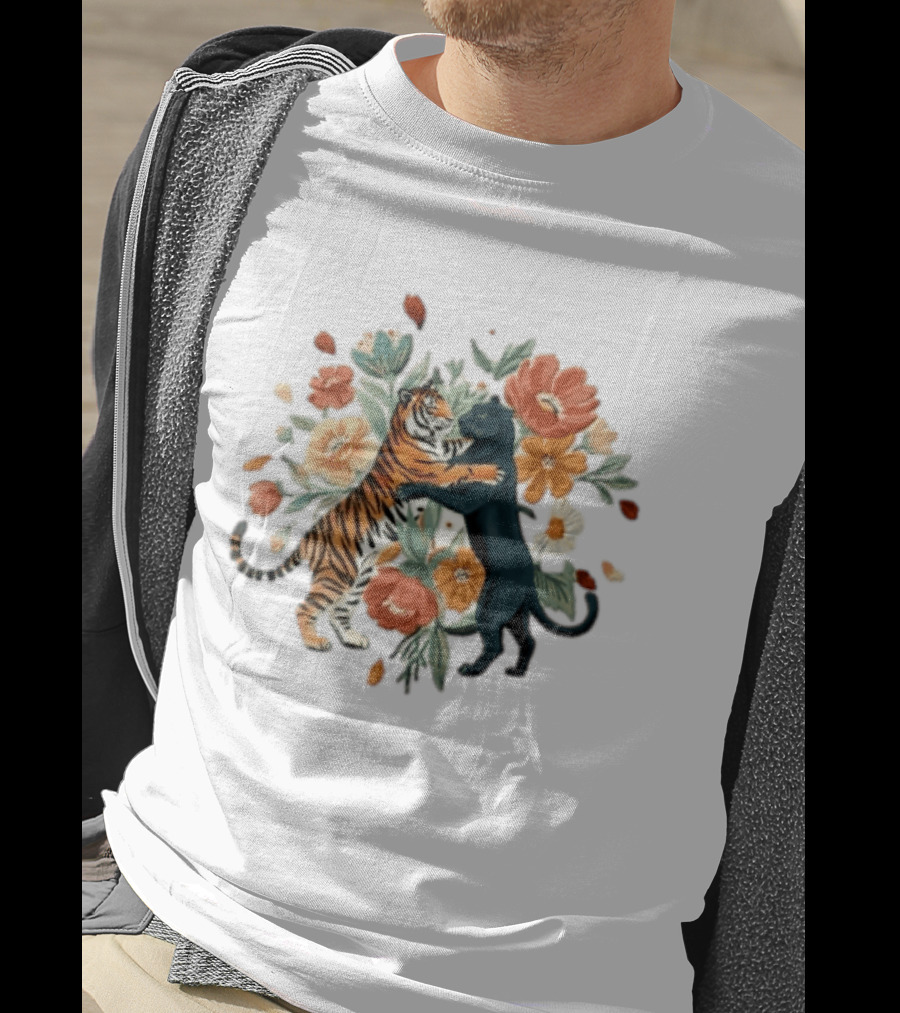 Tiger Black Panther Embrace Floral Bouquet Watercolor T-Shirt
