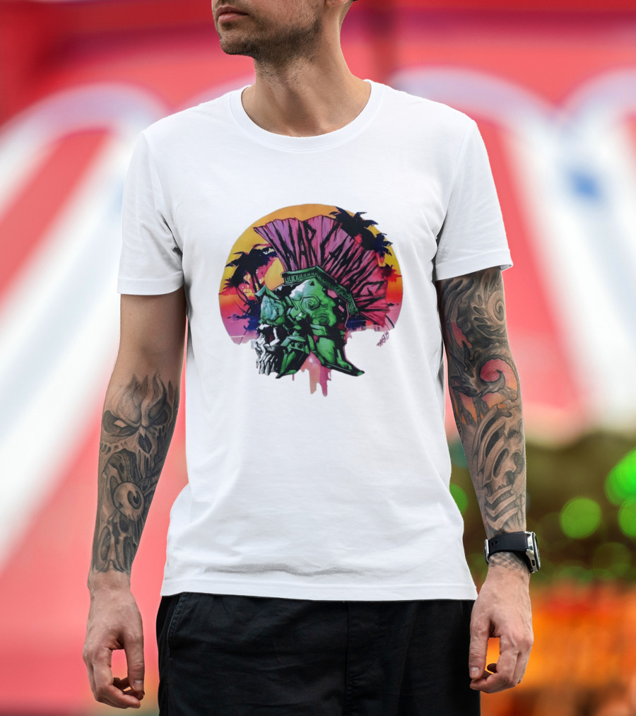 Warcraft Skull Spartan Helmet Tropical Sunset T-Shirt