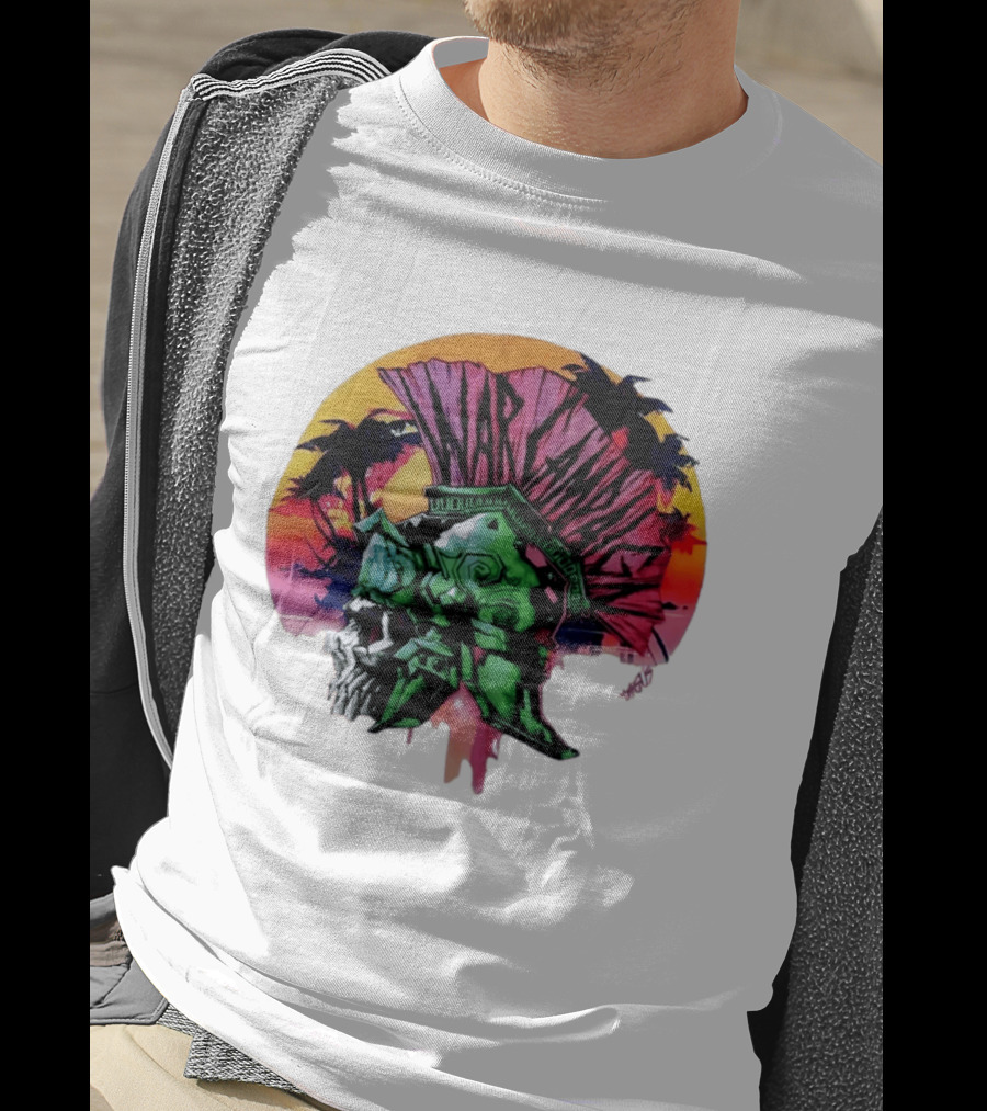 Warcraft Skull Spartan Helmet Tropical Sunset T-Shirt