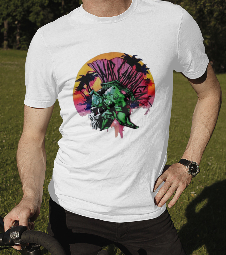 Warcraft Skull Spartan Helmet Tropical Sunset T-Shirt