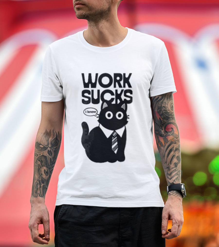 Work Sucks I Know Cartoon Black Cat T-Shirt