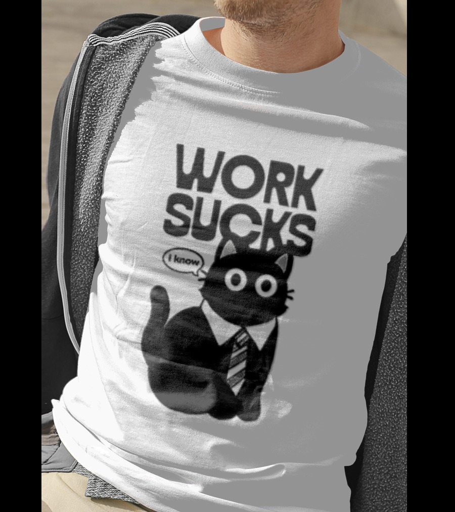 Work Sucks I Know Cartoon Black Cat T-Shirt