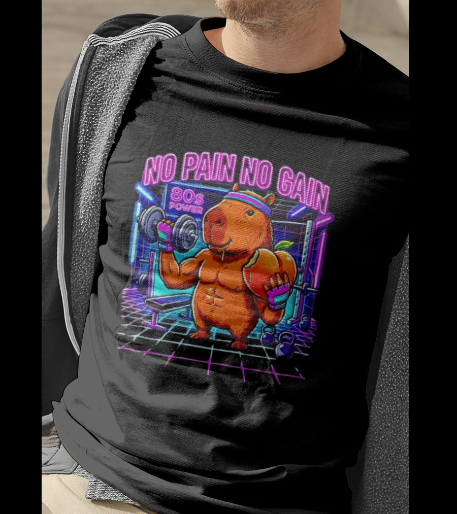 Capybara No Pain No Gain 80s Power Lifting Fitness Workout Gym T-Shirt