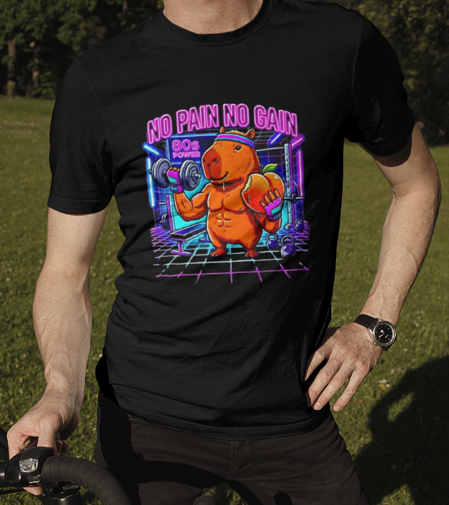 Capybara No Pain No Gain 80s Power Lifting Fitness Workout Gym T-Shirt