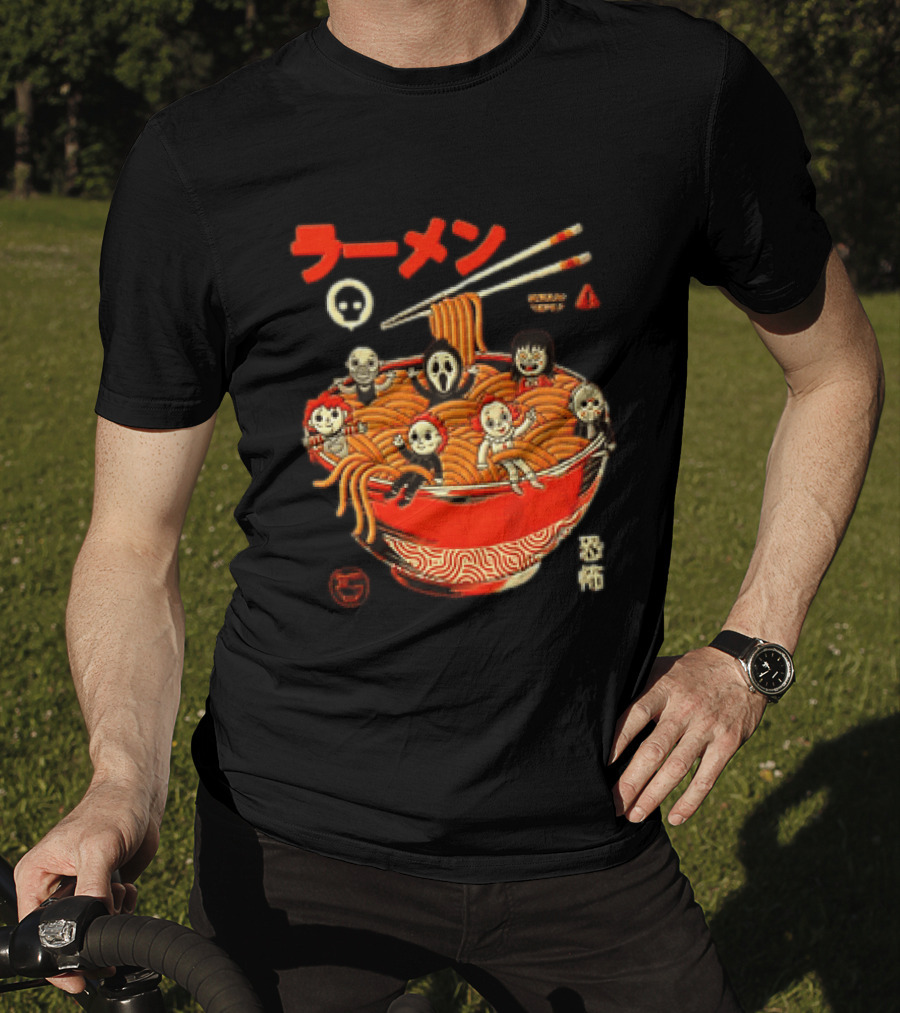 Chucky Ghostface Kayako Michael Myers Pennywise Jason Voorhees Ramen Horror Characters Eat Scream T-Shirt