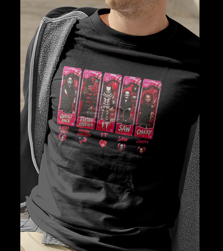 Ghost Face Freddy Krueger IT Saw Chucky Horror Characters Cards Collectible Toy Box Hearts T-Shirt