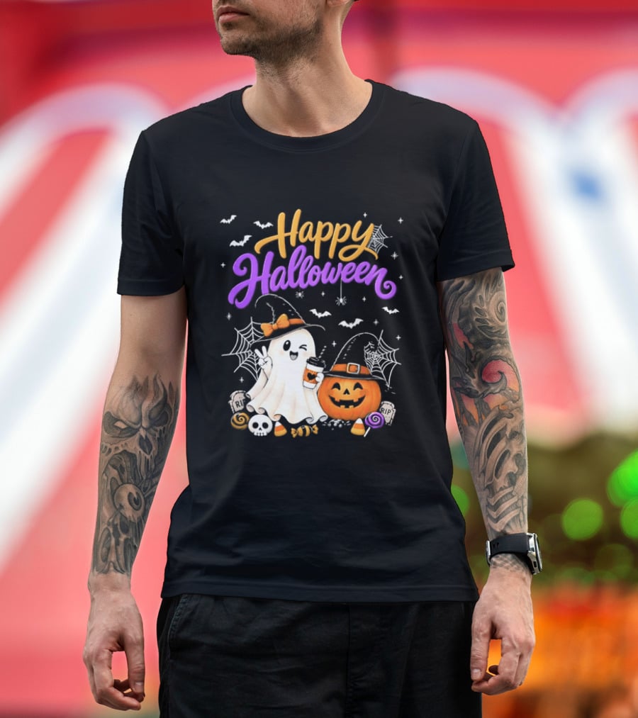 Happy Halloween Ghost Pumpkin Candy And Spider Webs T-Shirt