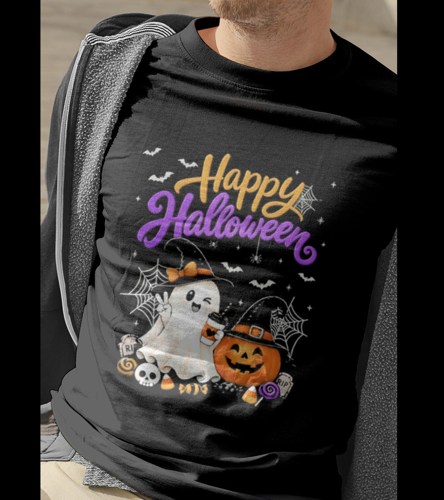 Happy Halloween Ghost Pumpkin Candy And Spider Webs T-Shirt