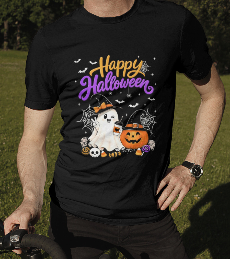 Happy Halloween Ghost Pumpkin Candy And Spider Webs T-Shirt