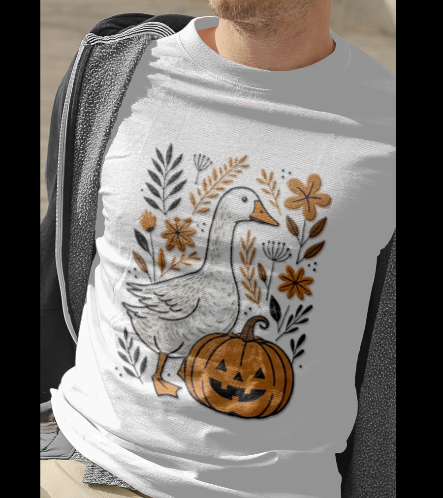 Goose With Jack O' Lantern Pumpkin Autumn Leaves And Flowers T-Shirt