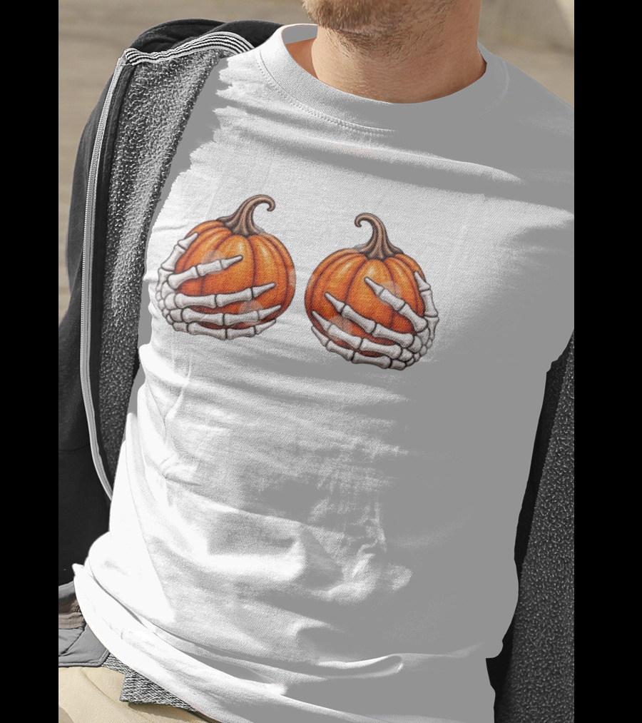 Skeleton Hands Holding Pumpkins Halloween Scary Realistic T-Shirt